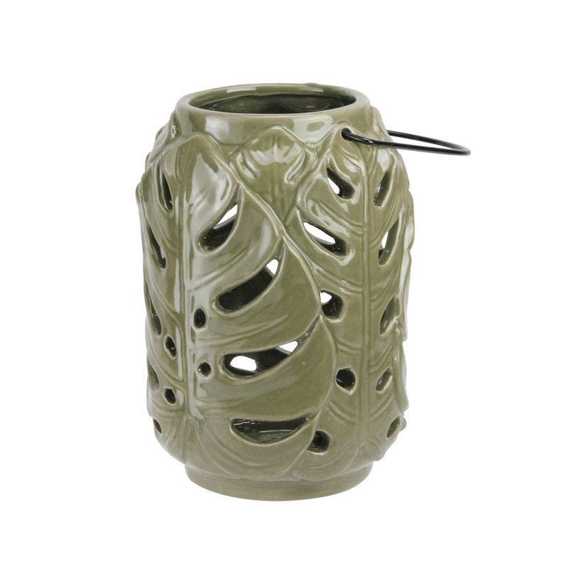 Diva At Home 7&rdquo; Elegant Moss Green Cutout Leaf Ceramic Candle Holder Lantern