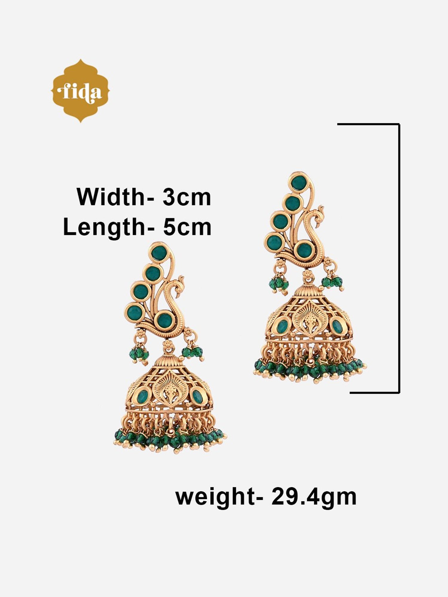 Fida Antique Emerald Stoned Peacock Temple Green Jhumki Earrings