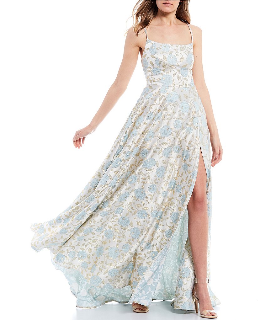 B. Darlin Spaghetti Strap Lace-Up-Back Floral Jacquard Ball Gown