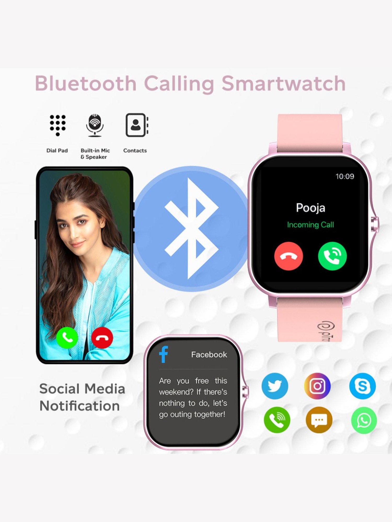 PTron Pulsefit P261 Bluetooth Calling Smartwatch With 1.7 inch Full Touch Color Display (Pink)