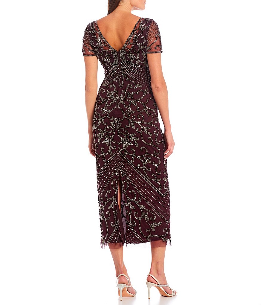 Jkara Petite Size 3/4 Sleeve Lined Illusion Crew Neck Beaded Gown