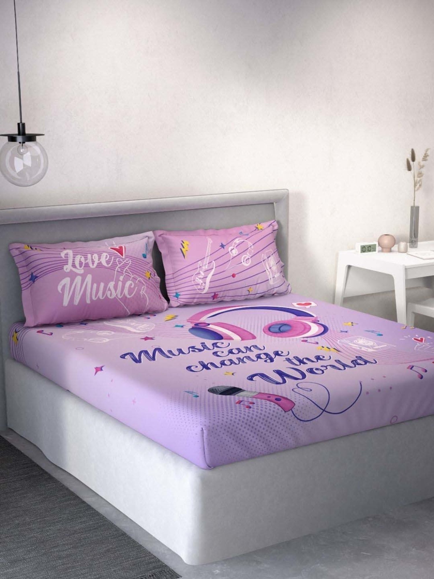 DDecor Music Conversational Purple Cotton 136 TC Double Bedsheet With 2 Pillow Covers