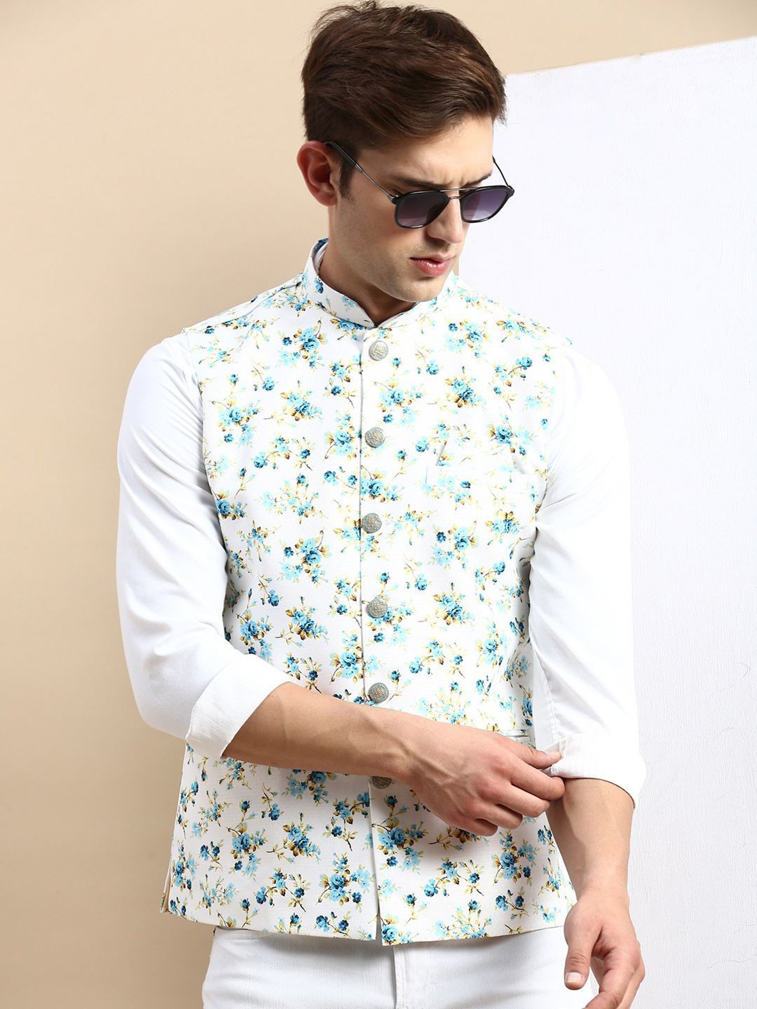 VASTRAMAY Teal Green Regular Fit Printed Nehru Jacket