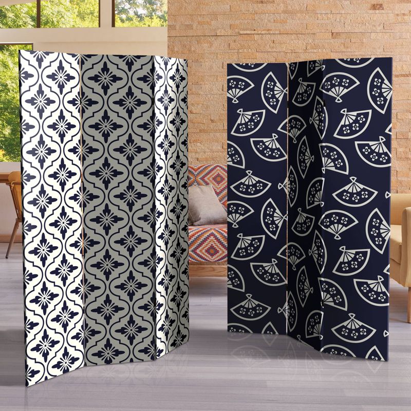 6" Double Sided Osaka Japanese Patterns Canvas Room Divider Blue - Oriental Furniture