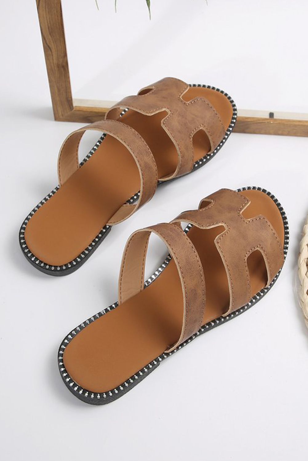 Brown Leather H Band Flat Slides S​hoes