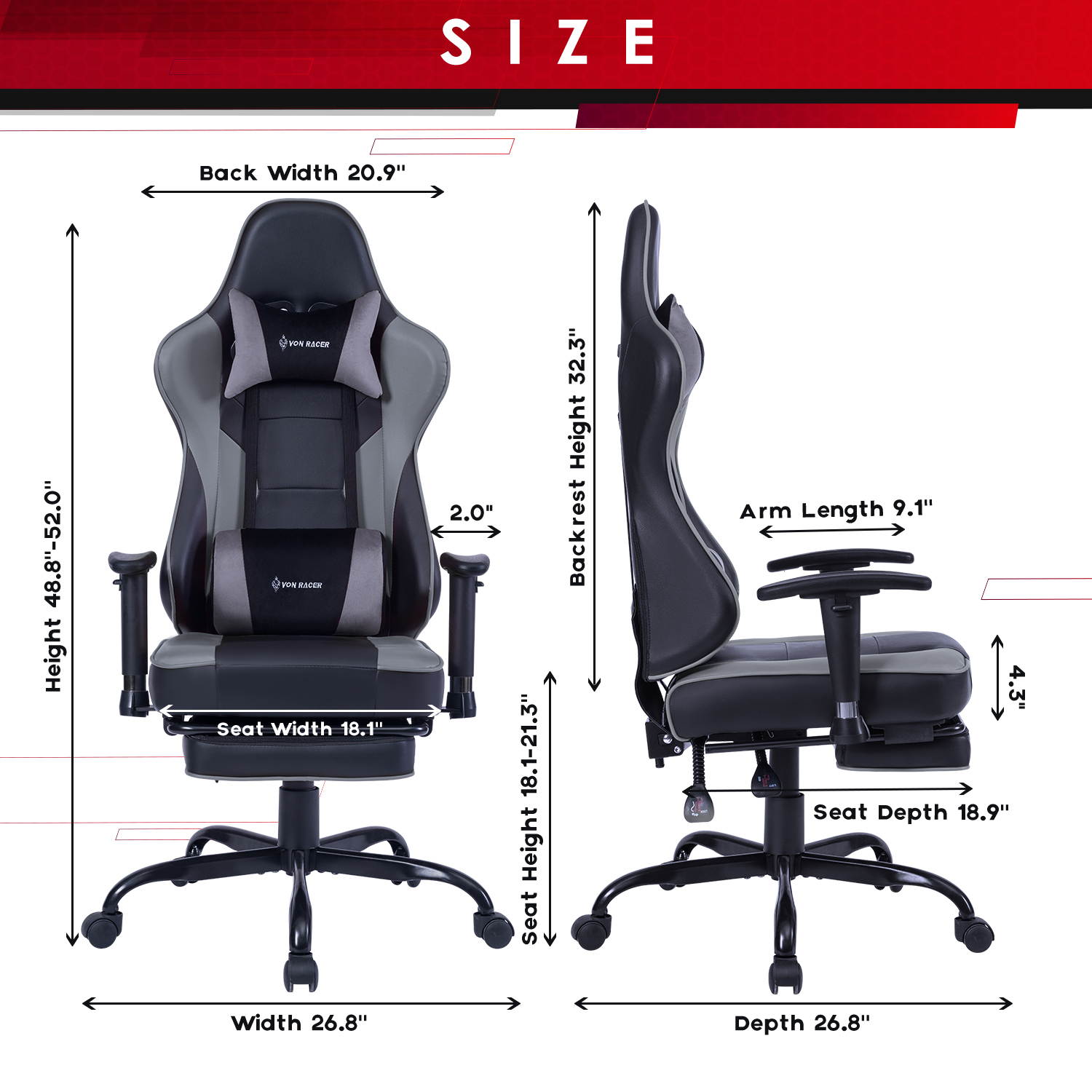VON RACER Massage Gaming Chair - High Back Racing PC Computer Desk Office Chair Swivel Ergonomic Executive Leather Chair with Footrest and Adjustable Armrests(Grey)