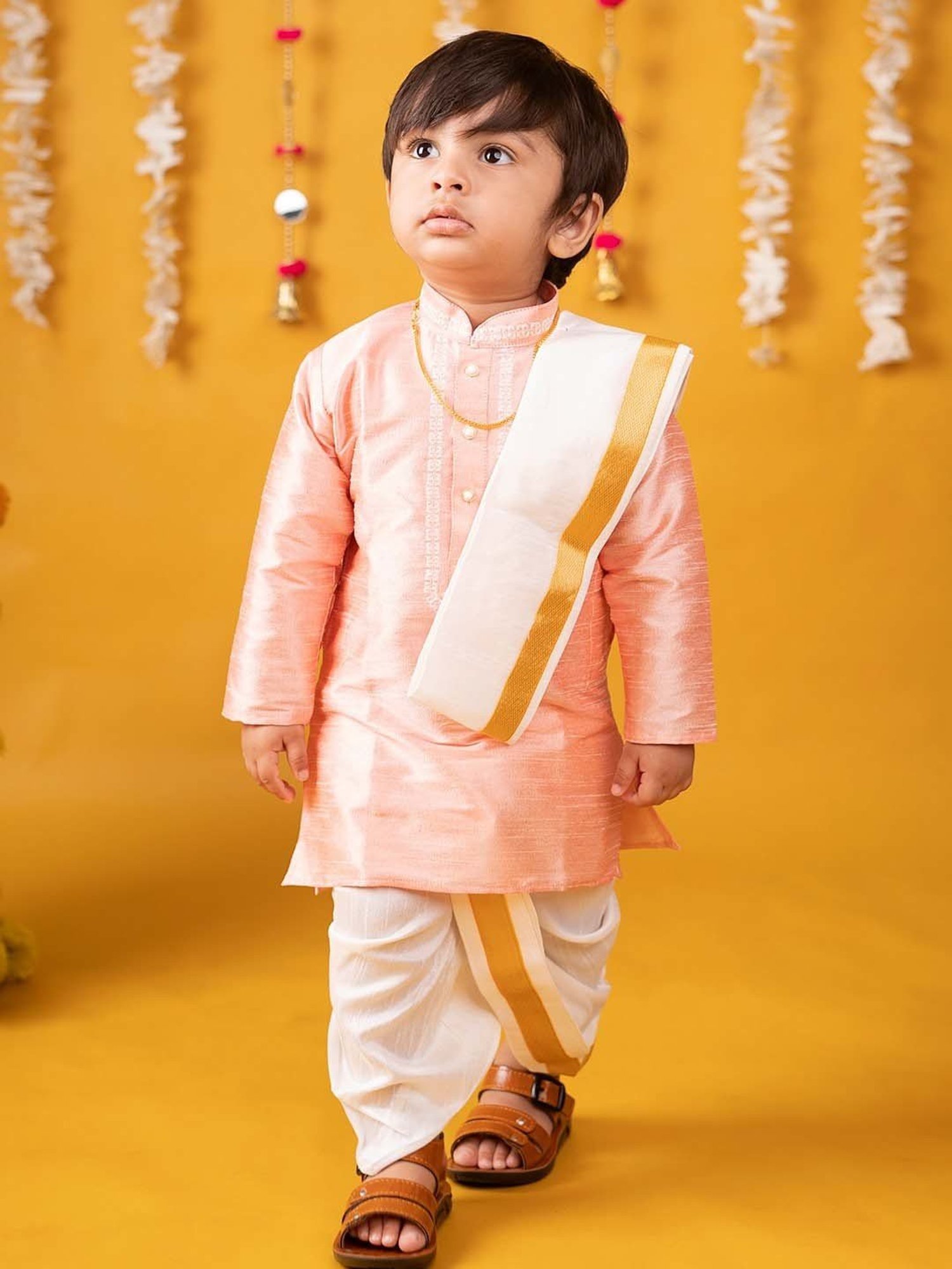 Baby Moo Kids Peach & White Regular Fit Full Sleeves Kurta Set