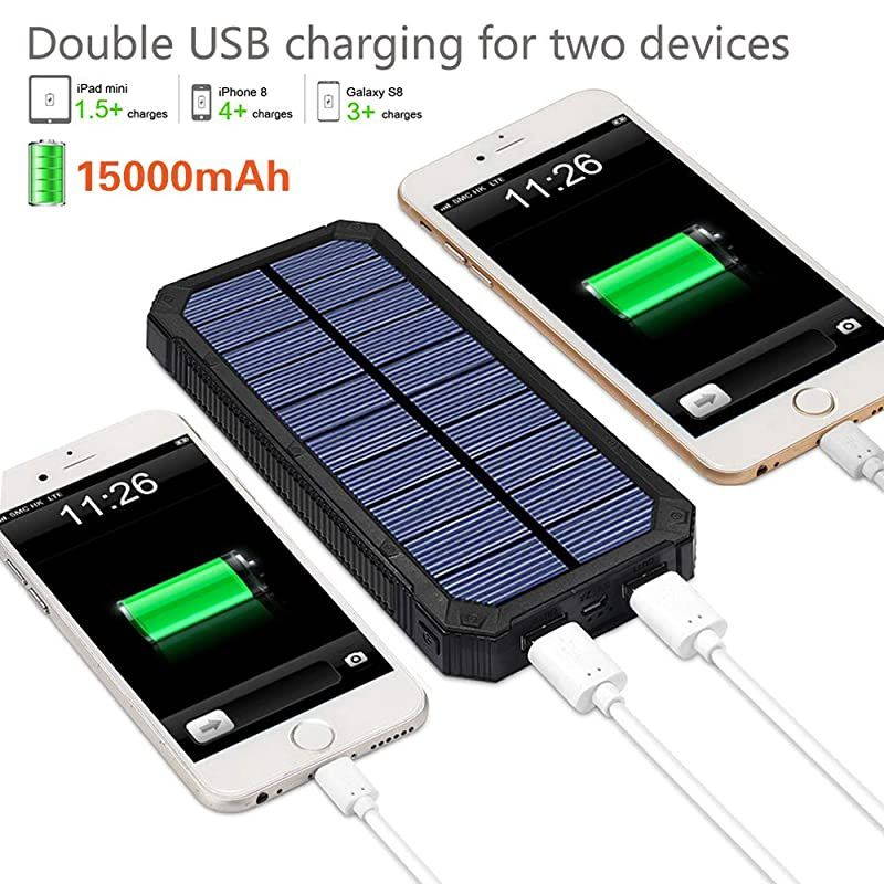 Solar Charger,  15000mAh Portable Solar Power Bank with Dual USB Output Ports, Solar Phone Charger External Battery Pack with 6 LED Flashlight Light for iPhone, iPad, Android and More (Black)