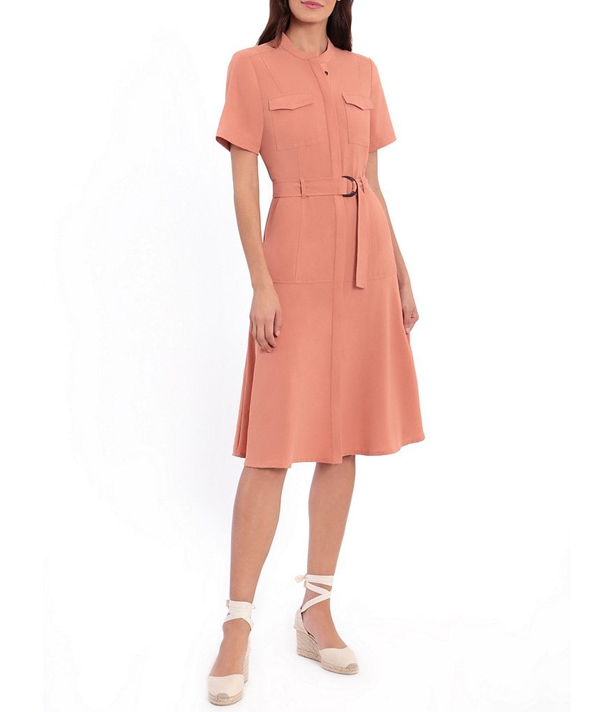 London Times Short Sleeve Button Front Collared Utility Shirtdress