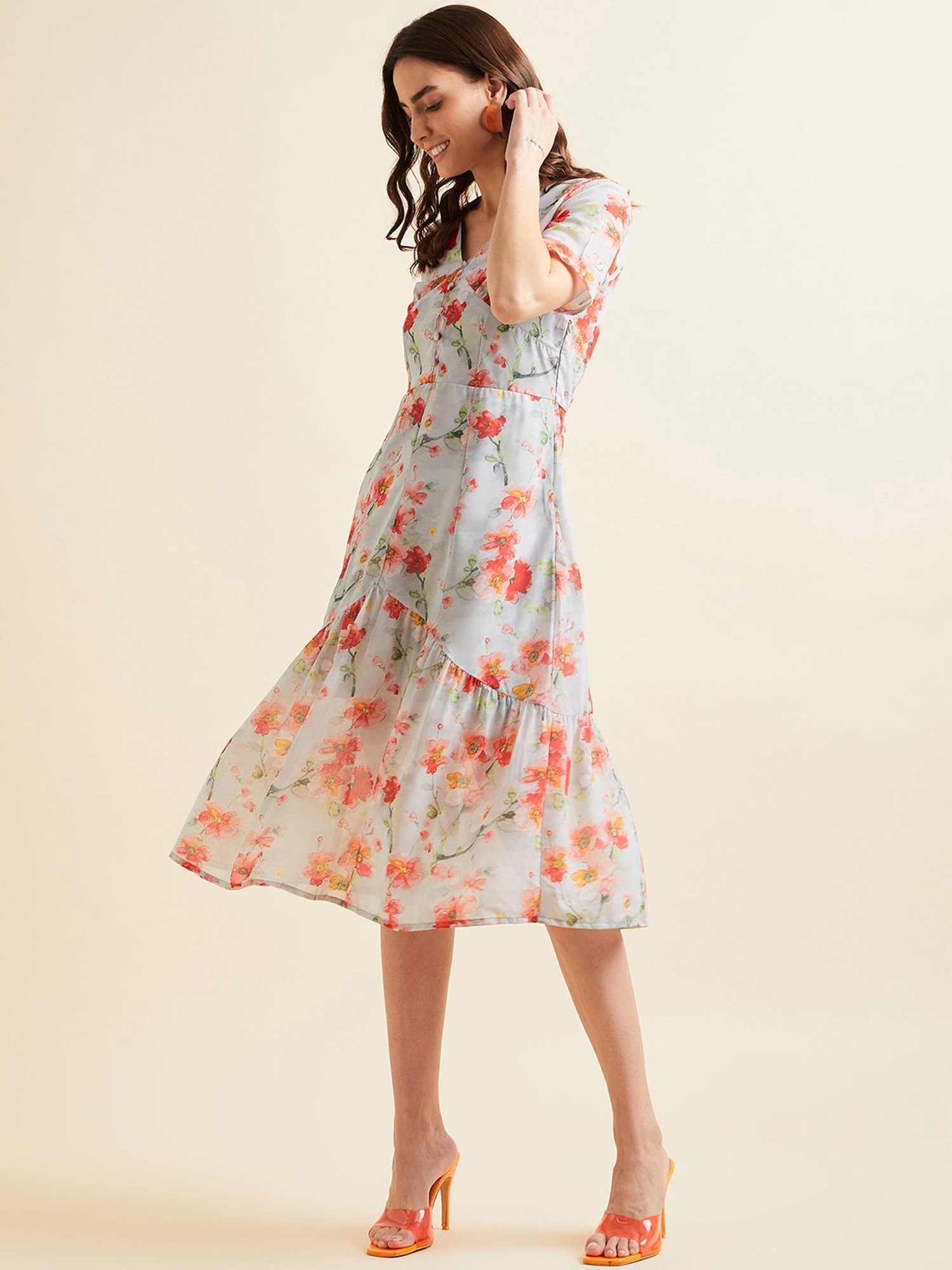 PANIT Grey Floral Print Ethnic Dress