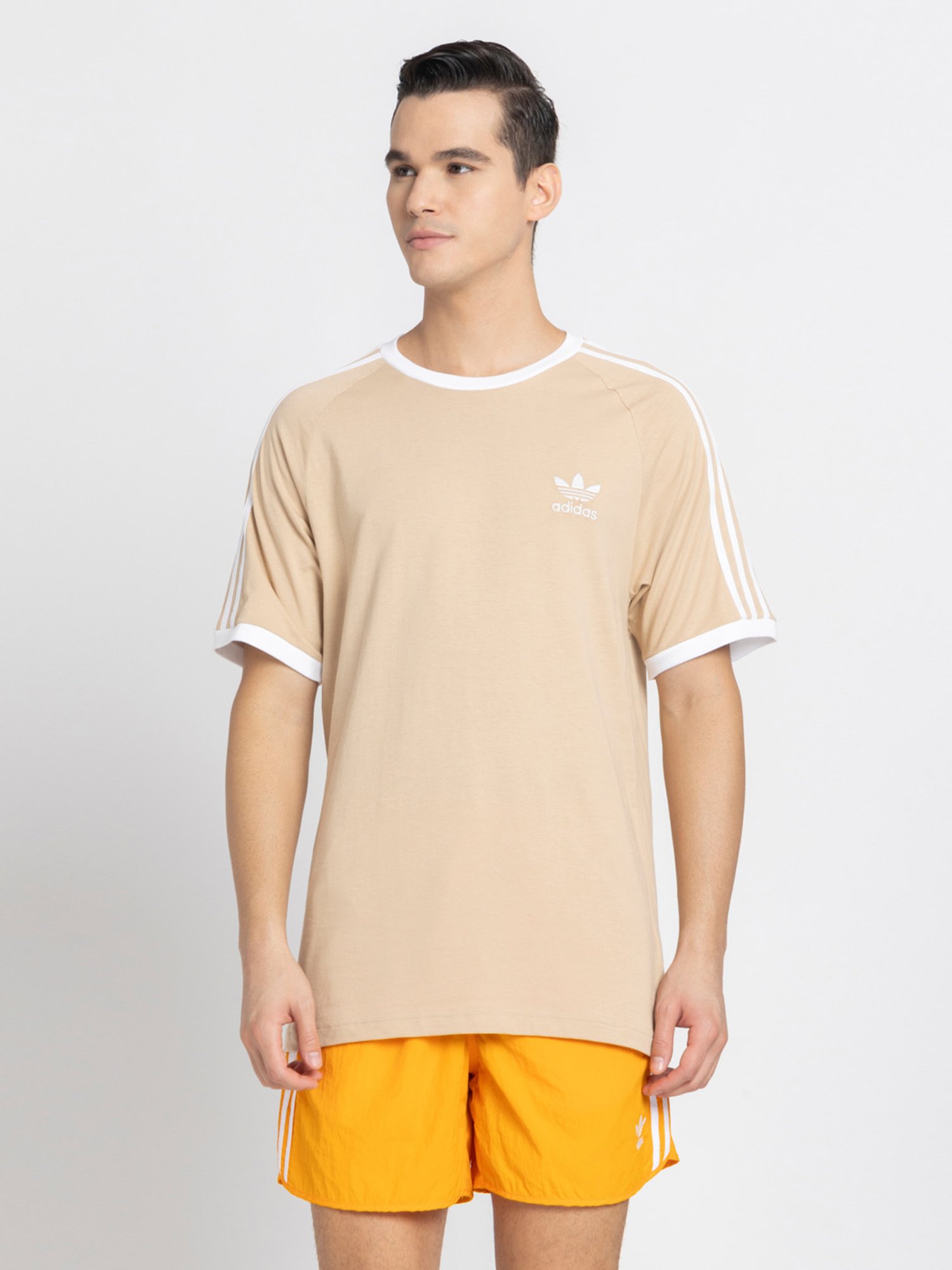 Adidas Beige 100% Cotton,100% Cotton Slim Stripes  T-Shirt