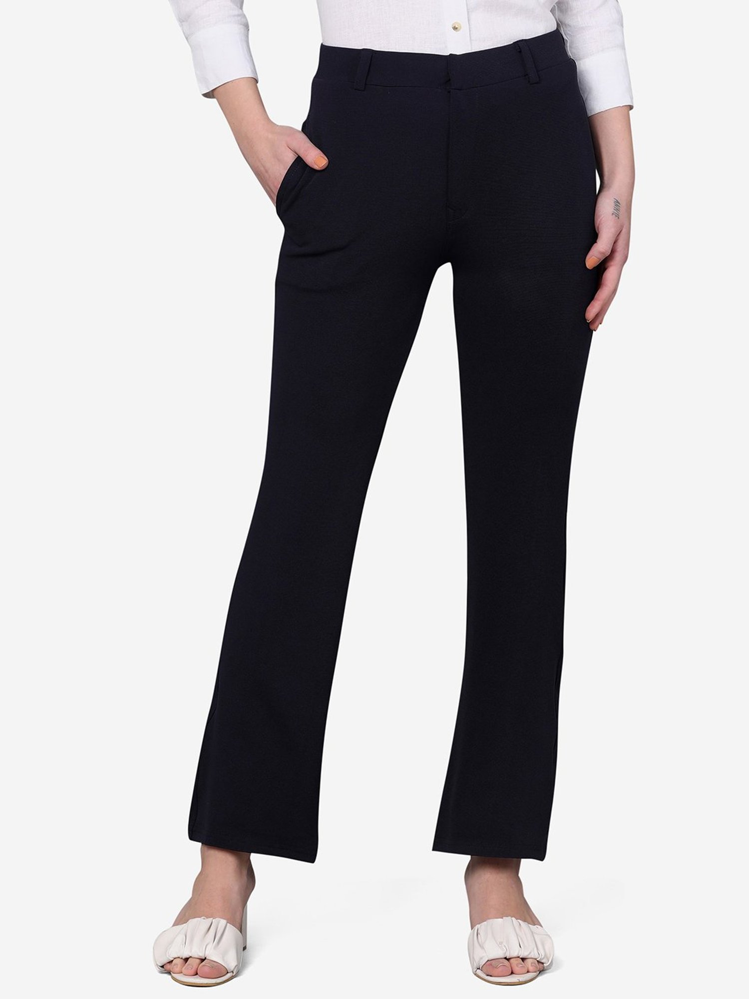 FITHUB Navy Regular Fit High Rise Trousers