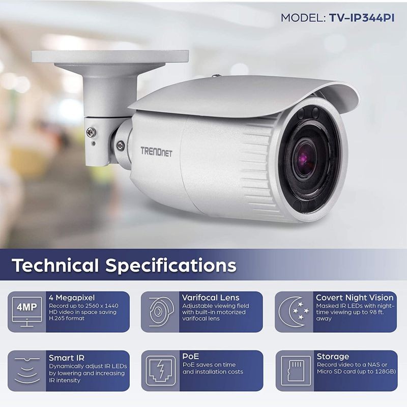 TRENDnet Indoor/Outdoor 4 MP, Motorized Varifocal PoE IR Network Camera, Auto-Focus, Optical Zoom, Digital WDR, Night Vision up to 98ft, IP66 Rated Housing, ONVIF, IPv6, TV-IP344PI