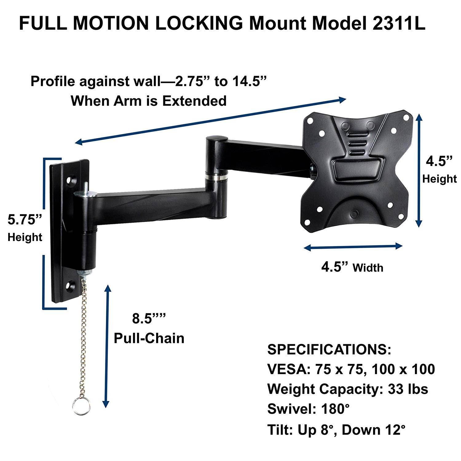 Master Mounts Locking RV TV Mount, Lockable Full Motion TV Wall Mount Easy to Reach Chain Release Perfect for RVs Campers Trucks Mobile Homes, Articulates Swivels Tilts, Fits up to 42" 100x100 33 lbs