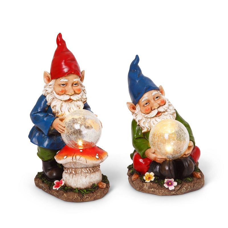 GIL S/2 13.8"H Solar Gnome Figurines Holding Crackle Glass Balls