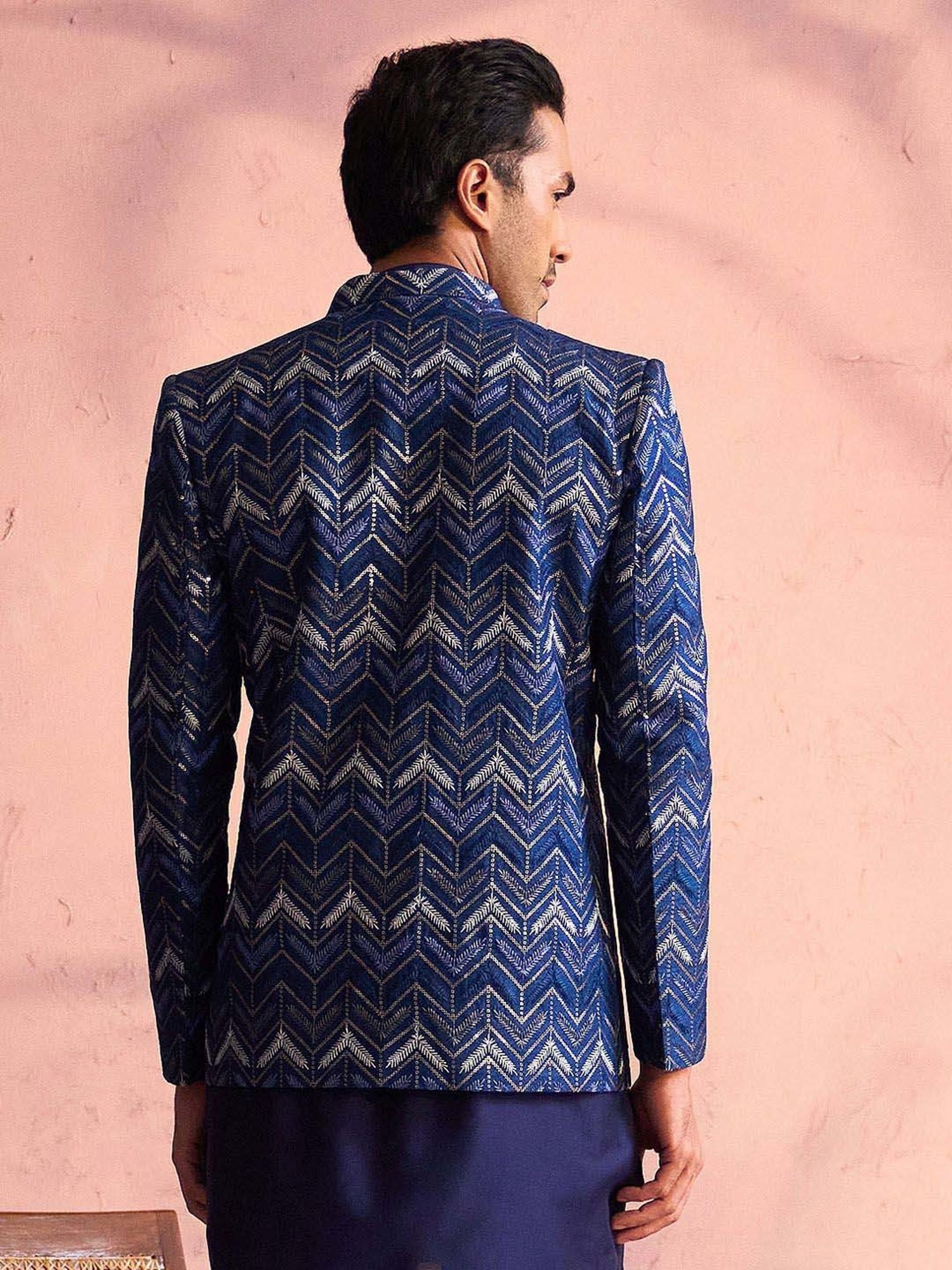 Vastramay Blue Regular Fit Embroidered Ethnic Blazer