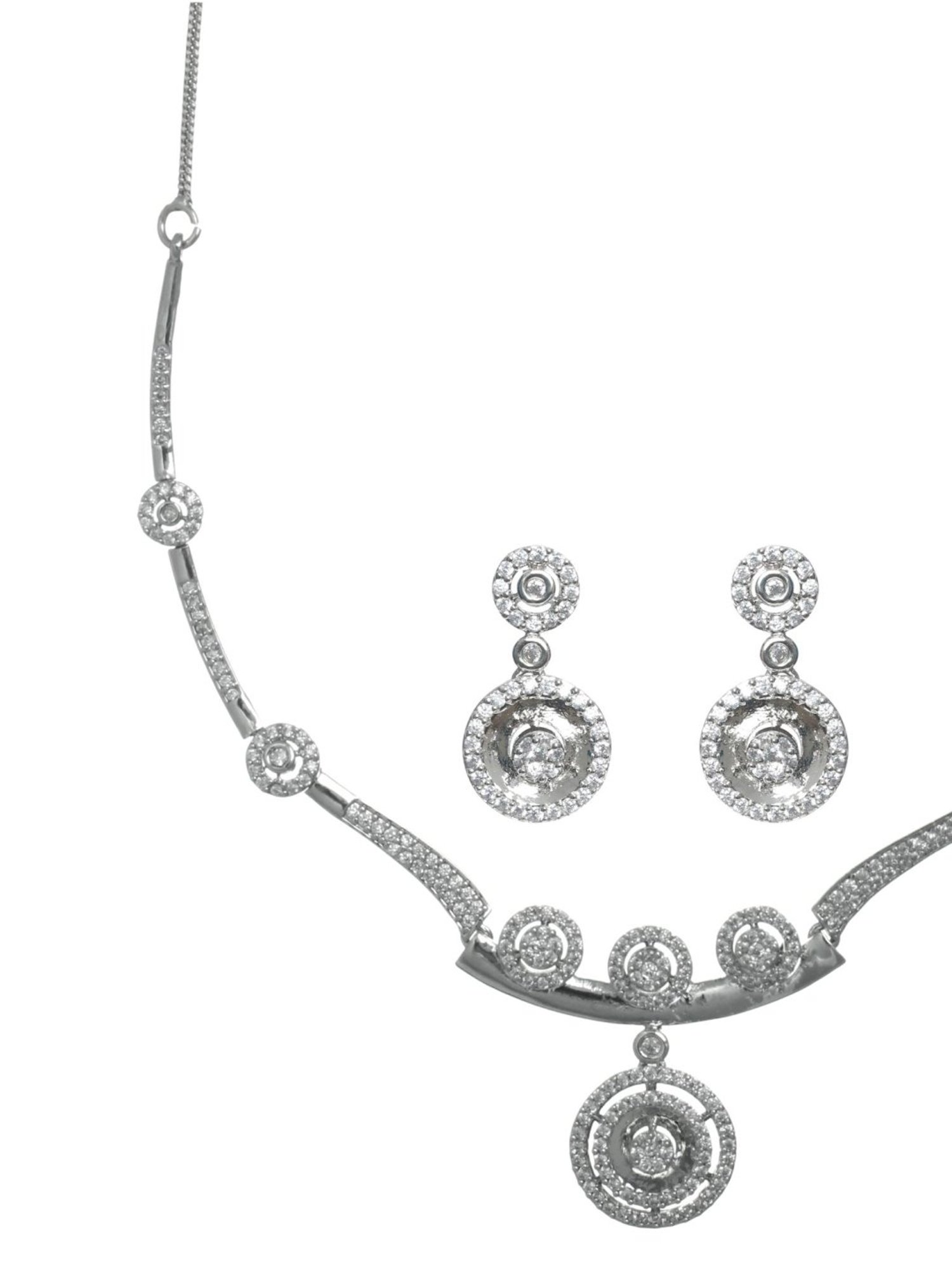 Aatmana Silver-Plated White American Diamond & CZ Stone-Studded Necklace Set