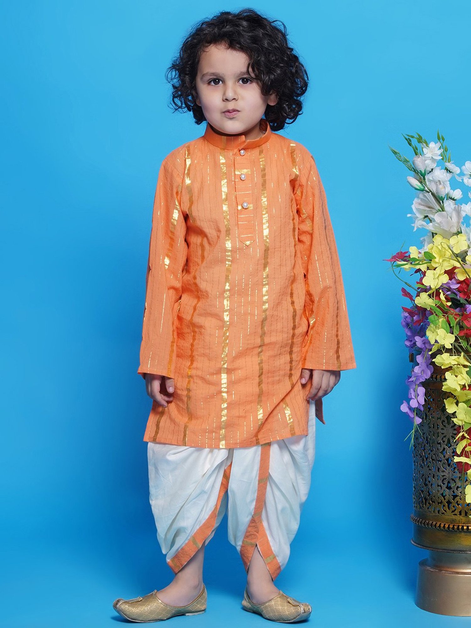 Little Bansi Kids Orange & White Self Design Full Sleeves Kurta with Dhoti