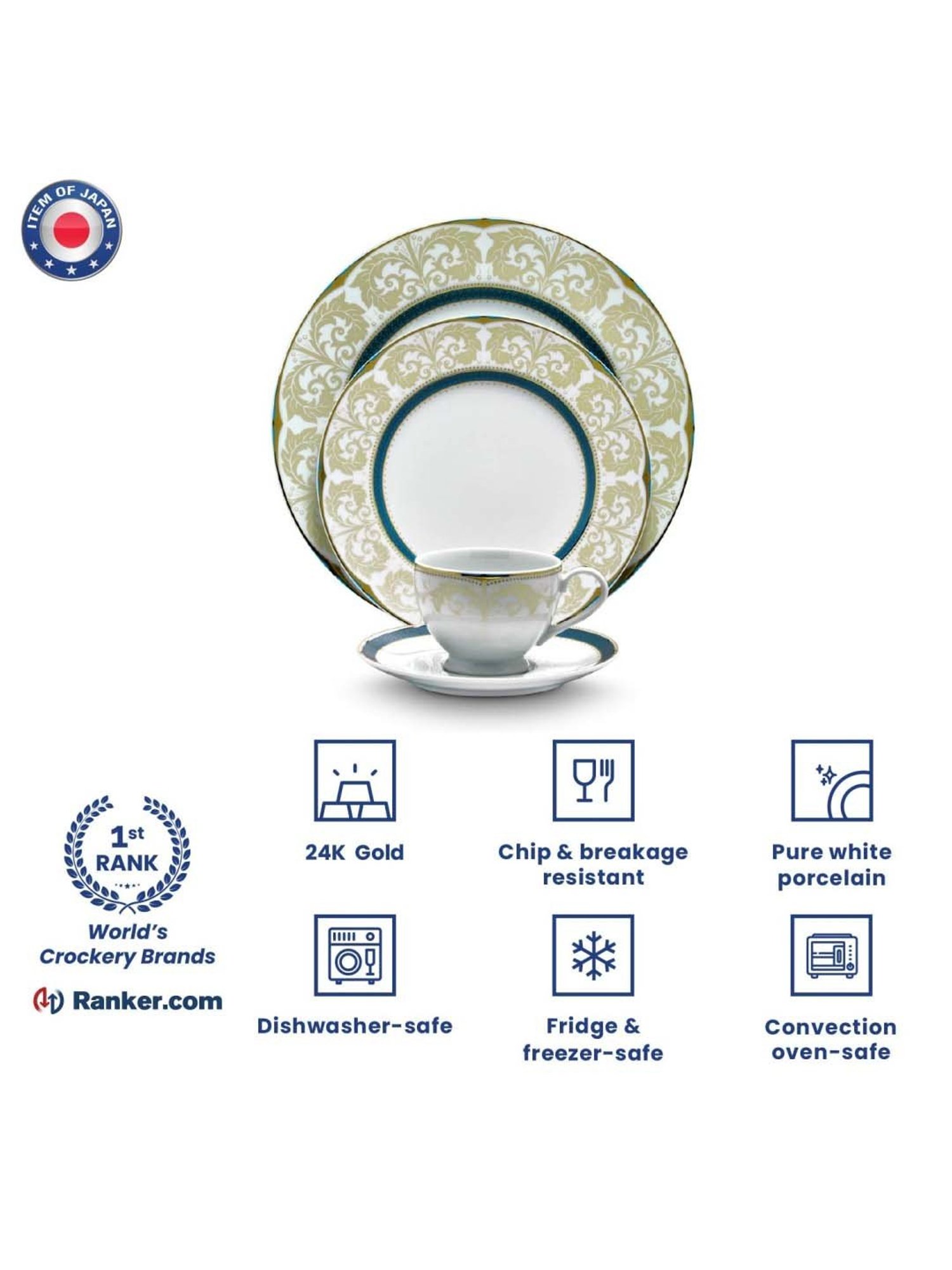 NORITAKE Royal Fountain White & Teal Blue Porcelain Rim Dinner Set