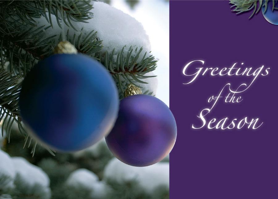 Holiday Greeting Cards - H7043. Greeting Cards with an Image of a Holiday Ornaments on Snowy Branches. Box Set Has 25 Greeting Cards and 26 White with Silver Foil Lined Envelopes.