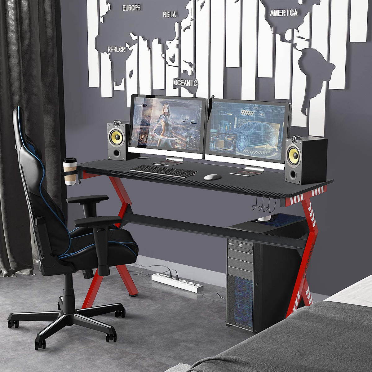43" Computer Gaming Desk Carbon Fiber Surface with Headset & Cup Holder PC Table
