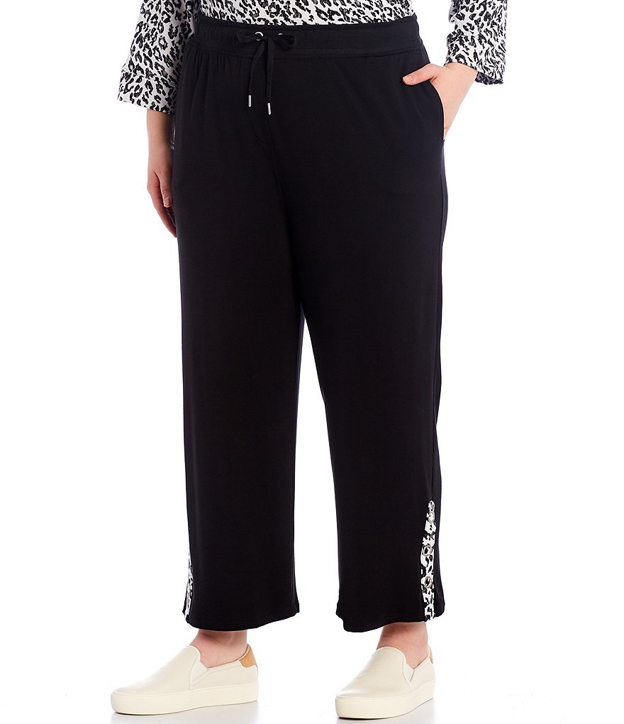 Ali Miles Plus Size Leopard Print French Baby Terry Grommet Pull On Drawstring Pants