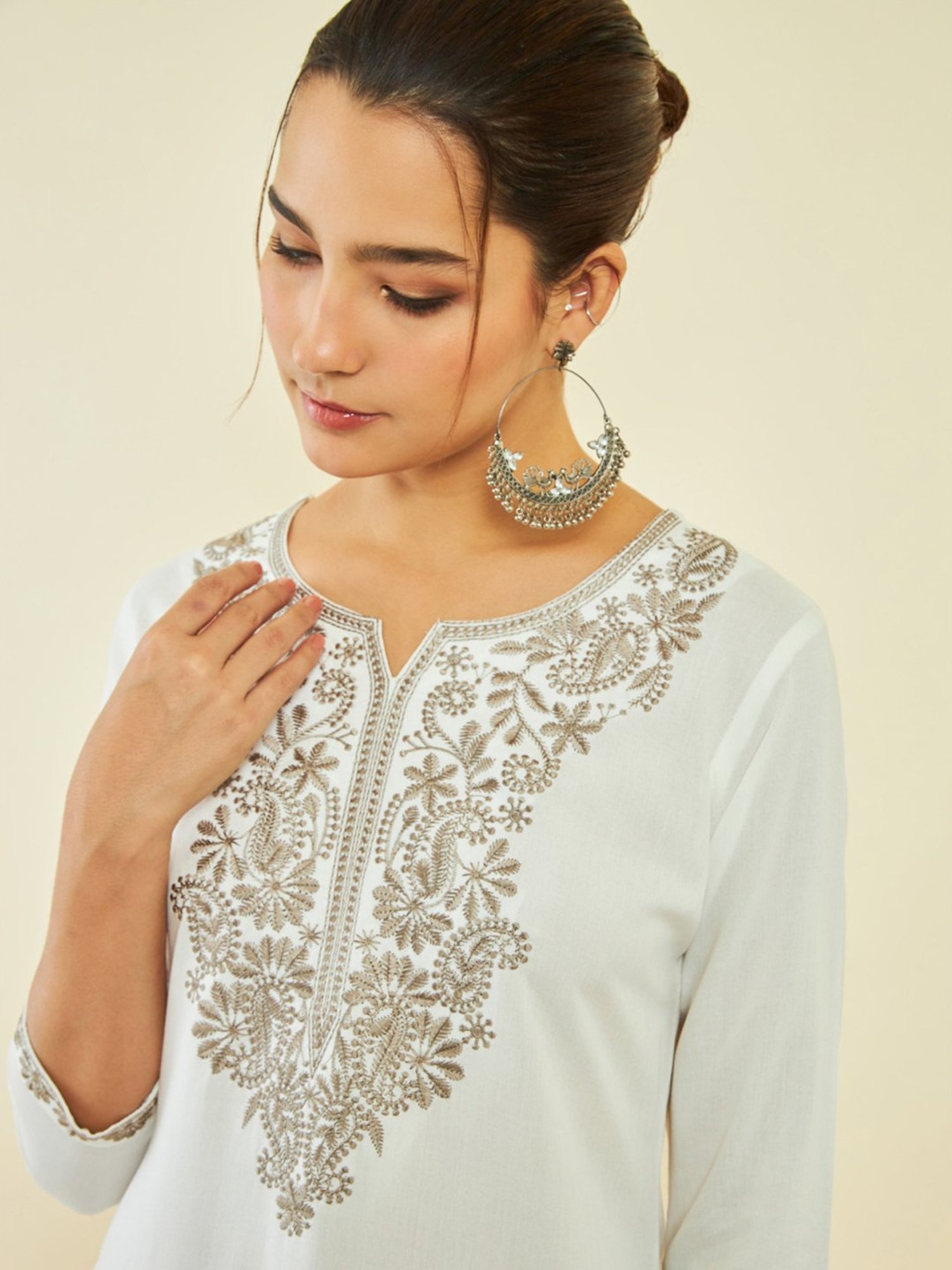Soch Off White Rayon Paisley Embroidered A-Line Tunic with Vented Hemline