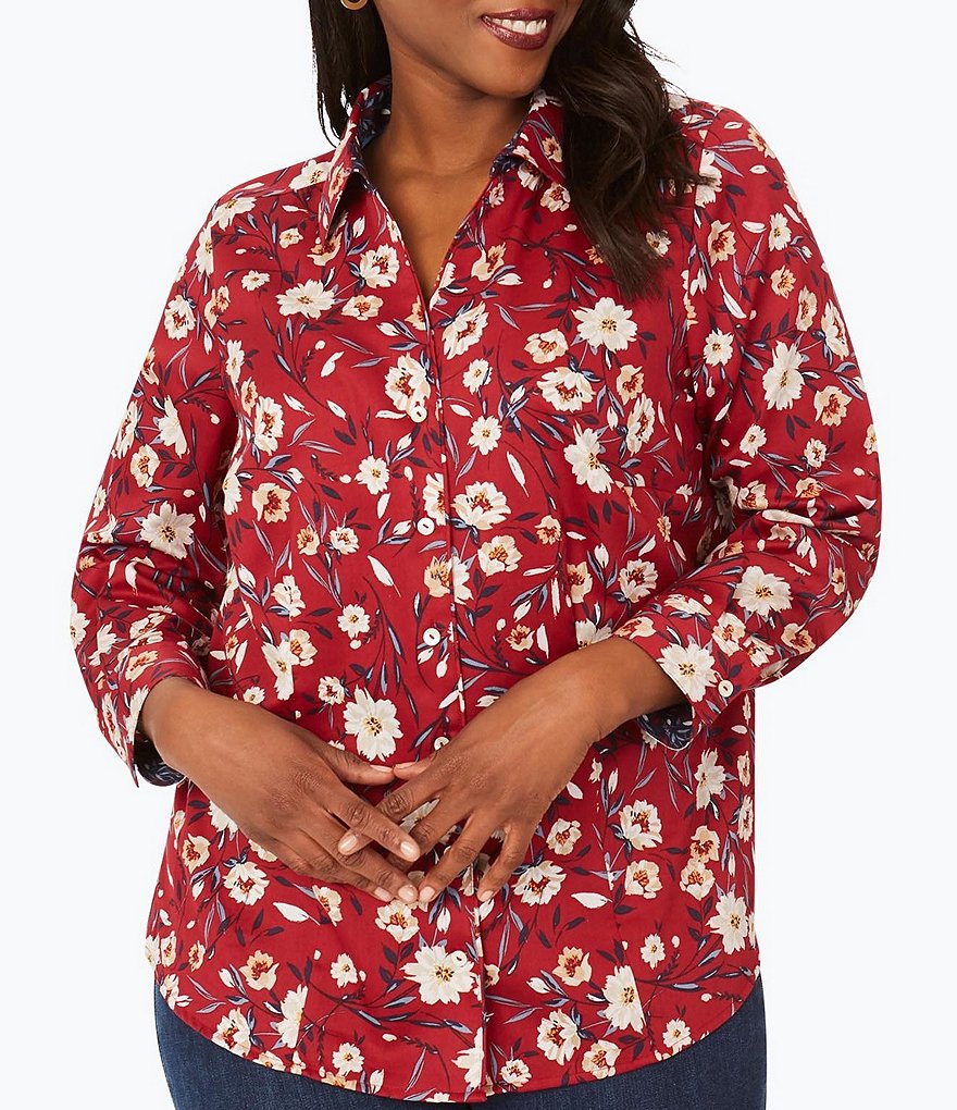 Democracy Plus Size Floral Print 3/4 Puff Sleeve V-Neck Knit Top