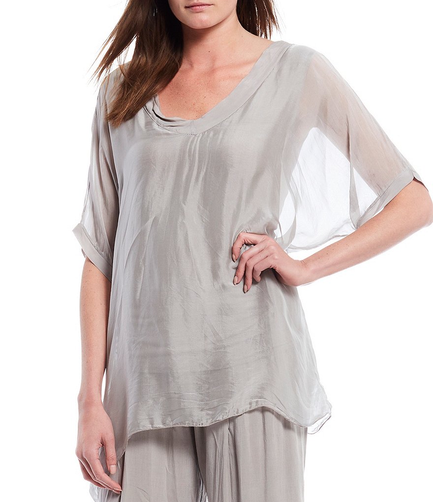 M Made in Italy V-Neck Sheer Sleeve Sharkbite Hem Silky Woven Top