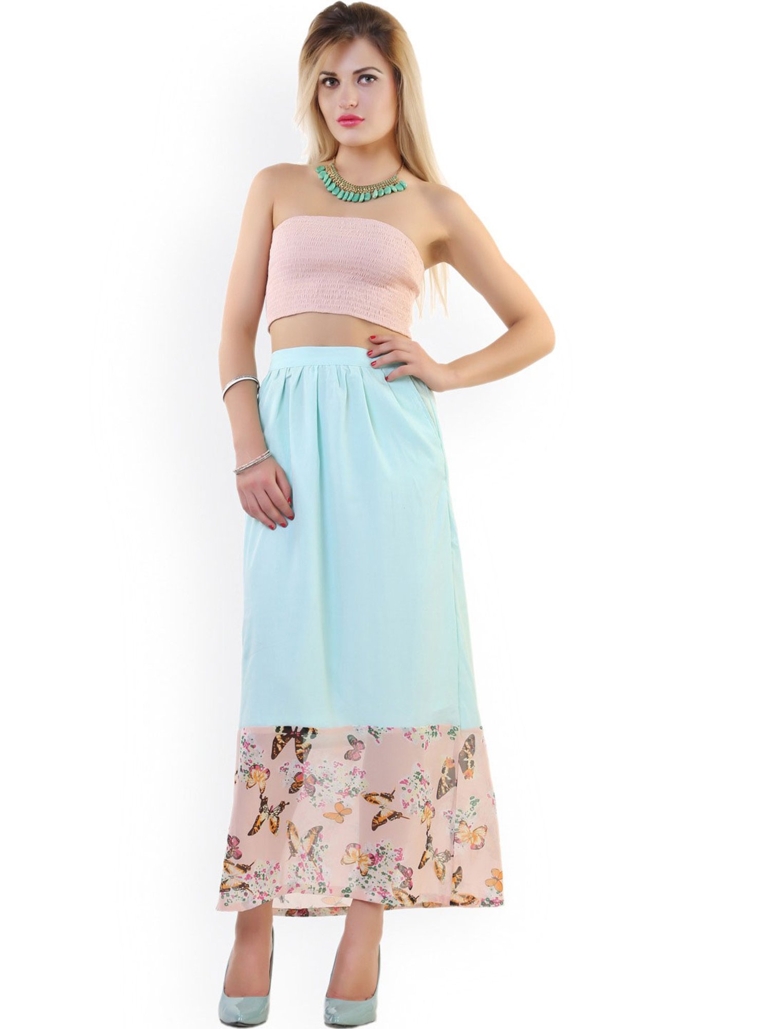 Belle Fille Sky Blue & Beige Printed Skirt