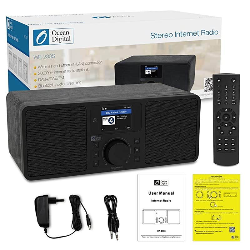 WiFi/FM Internet Radio WR230S Alarm Clock Radio with Bluetooth Receiver & Ethernet Port, Stereo Speakers, Line Out, Aux in, 20,000+ Stations, 2.4" Color Display- Black in Wooden Case