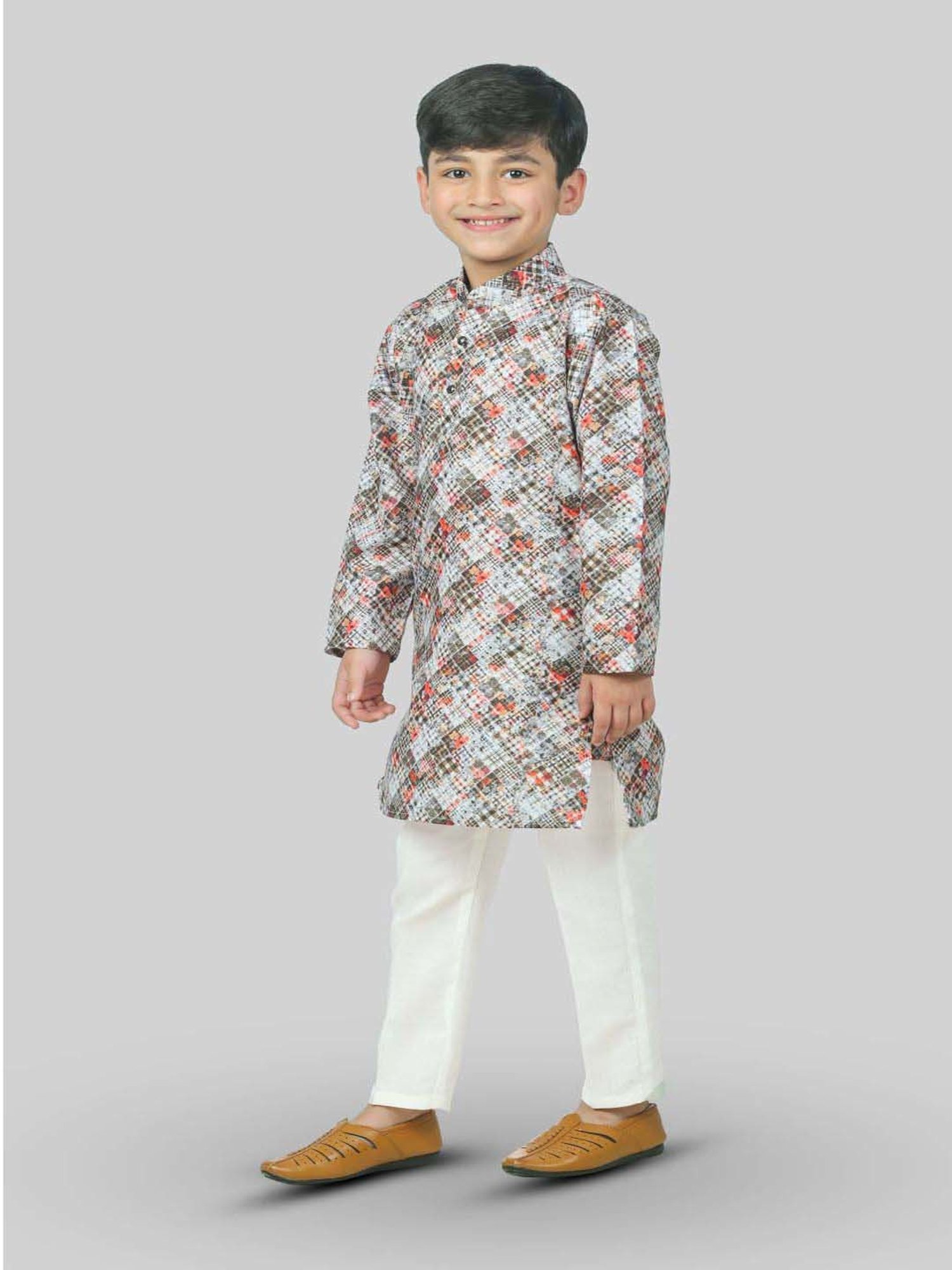 Ahhaaaa Kids Grey & White Cotton Handloom Full Sleeves Kurta Set