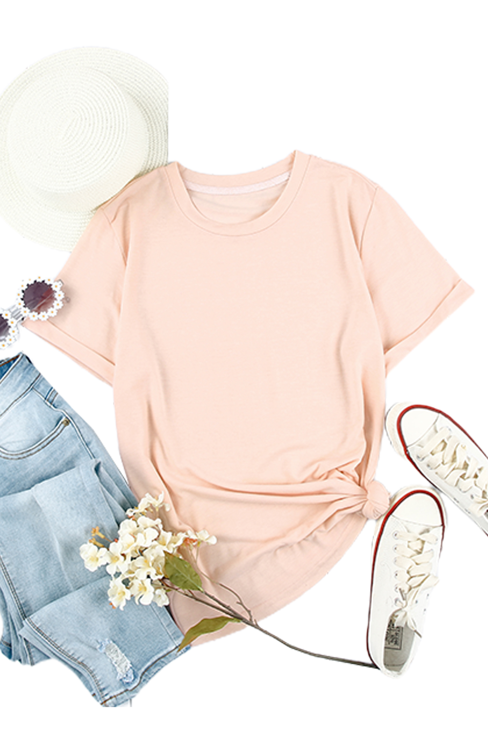 Blank T Shirt - Pink Casual Solid Color Crew Neck Tee Customized