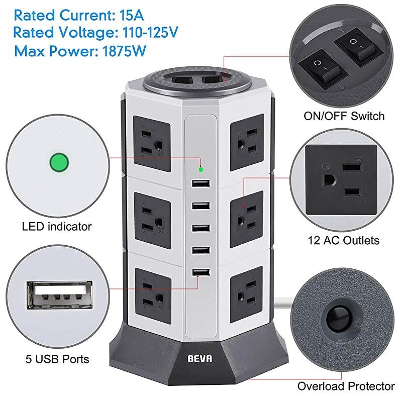 Surge Protector Desktop Power Strip Tower- 12 AC Outlets 5 USB Ports Charging Station 1875W/15A, 1050 Joules Multi Protection with 6.5ft Heavy Duty Long Extension Cord for Home Office ETL Listed