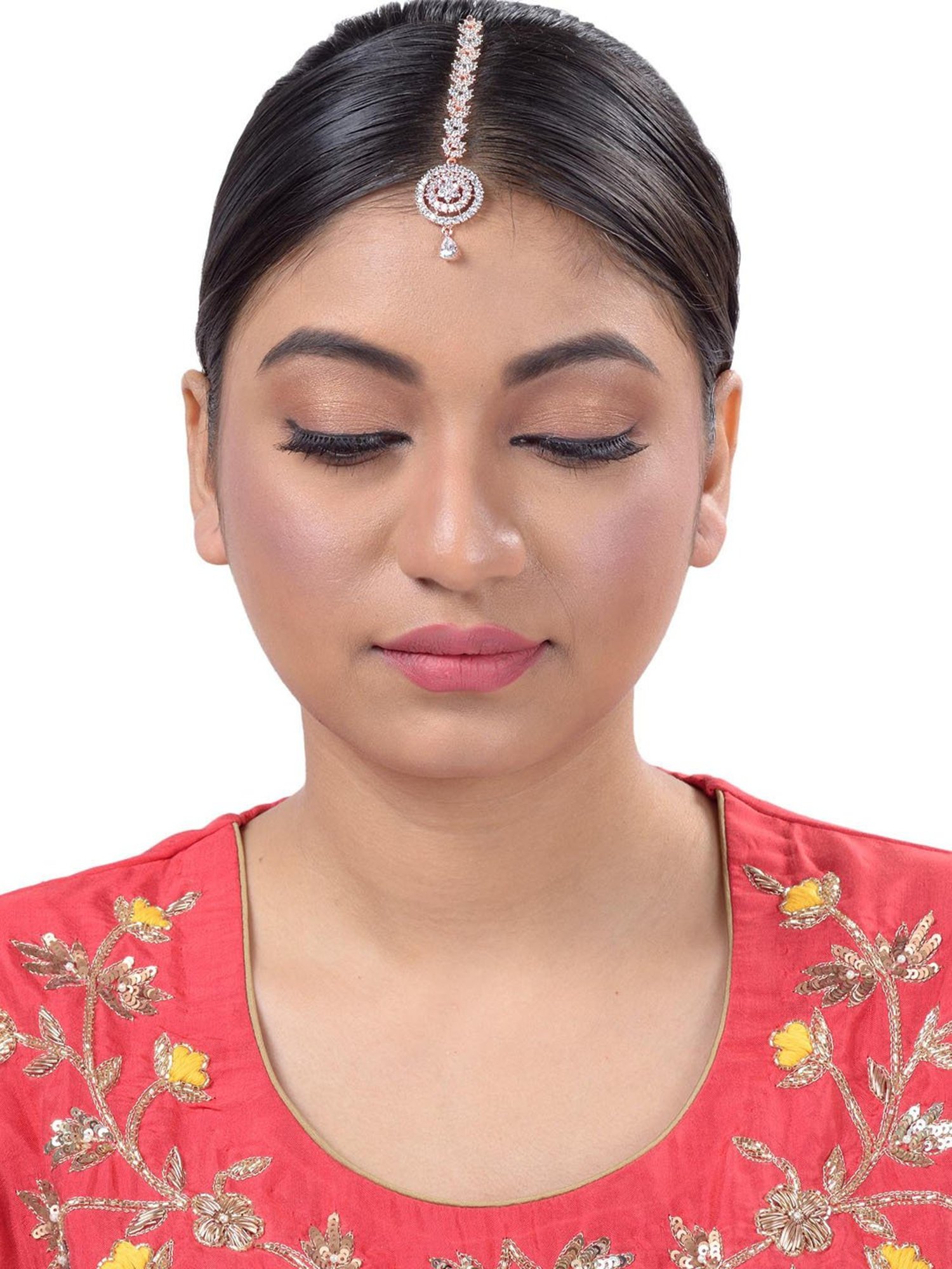 Saraf Rs Jewellery Intricate Design Diamond Maang Tikka Rose Gold Plated Studded For Women & Girls