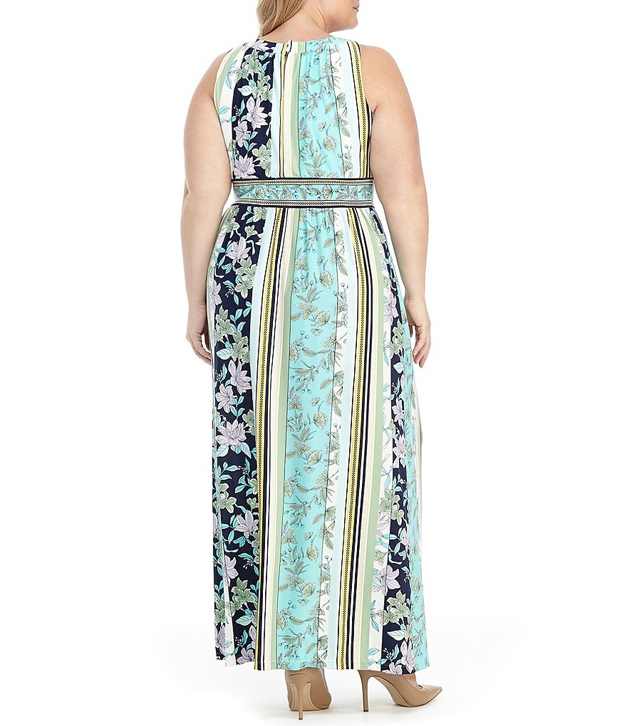 London Times Plus Size Floral Printed Matte Jersey Halter Keyhole Neck Maxi Dress