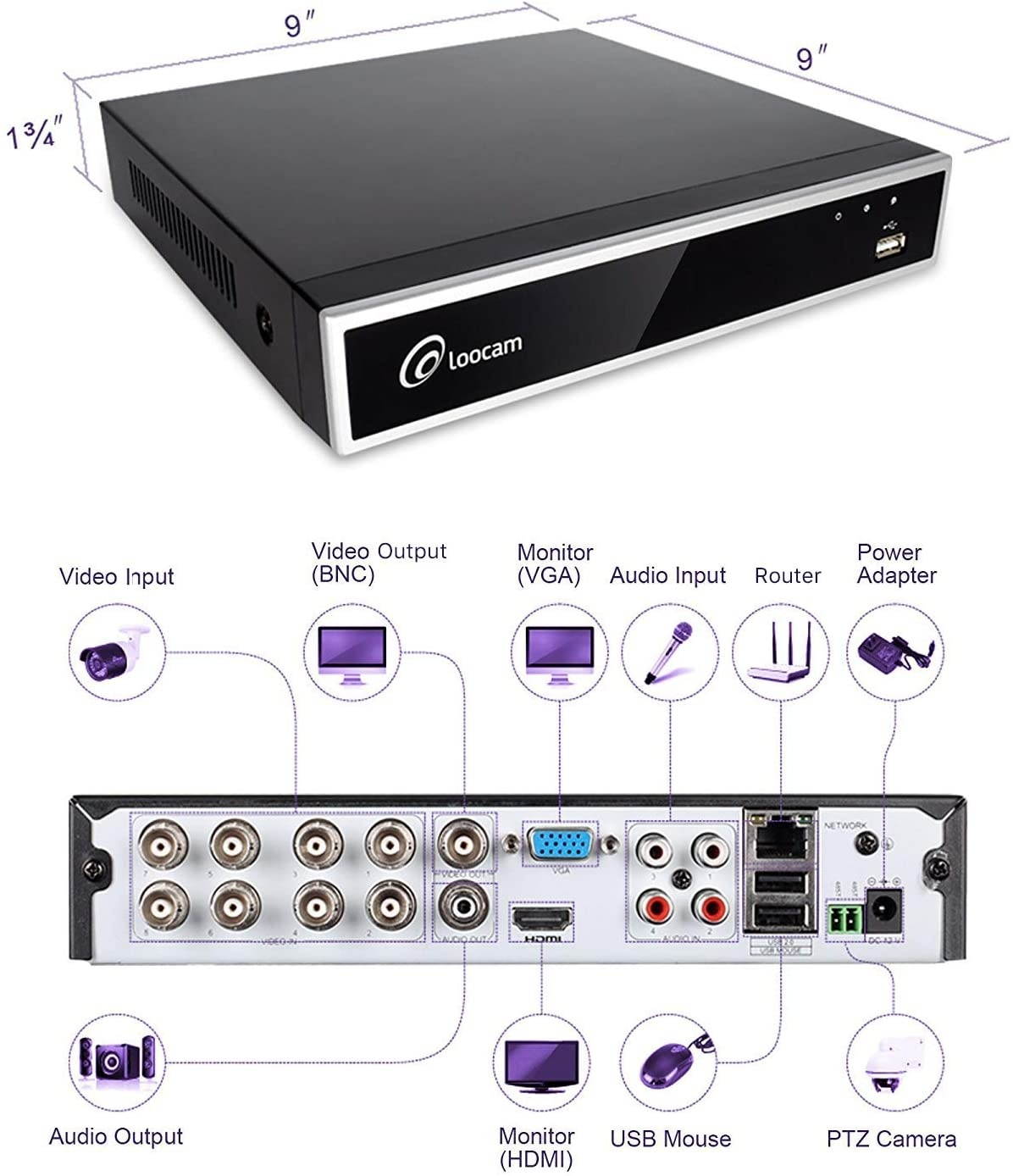 Loocam 8 Channel 1080p Surveillance DVR with 2TB Hard Drive, 8CH Hybrid 4-in-1 Digital Video Recorder to Compatible with 960H/720p/1080p CCTV Security Cameras, Free iOS and Android APP