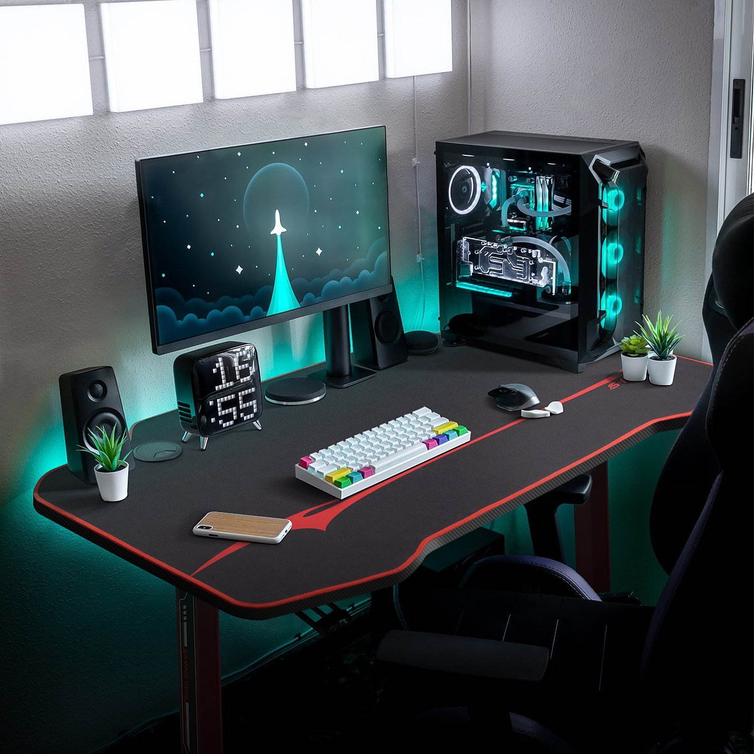 Homall 55 Inch Ergonomic Gaming Desk PC Computer Desk Home Office Table T-shaped Frame Table for Pressional Game Lover with Free Mouse Pad, Headphone Hook, Game Handle Rack and Cup Holder (Black)