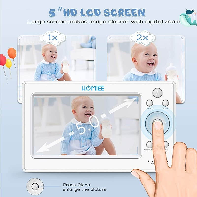Upgraded Video Baby Monitor with Camera,  5" Color LCD Display Video Monitor with Audio, 1000 Ft Distance, 5M Night Vision, 5 Lullabies, Two-Way Audio, VOX, Sound/Temp Alarm, Blue