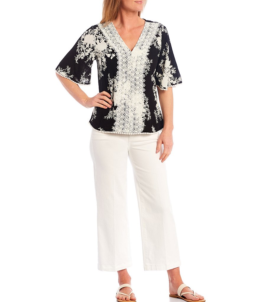 Bobeau Bouquet Print Lace Trim V-Neck Flutter Sleeve Top
