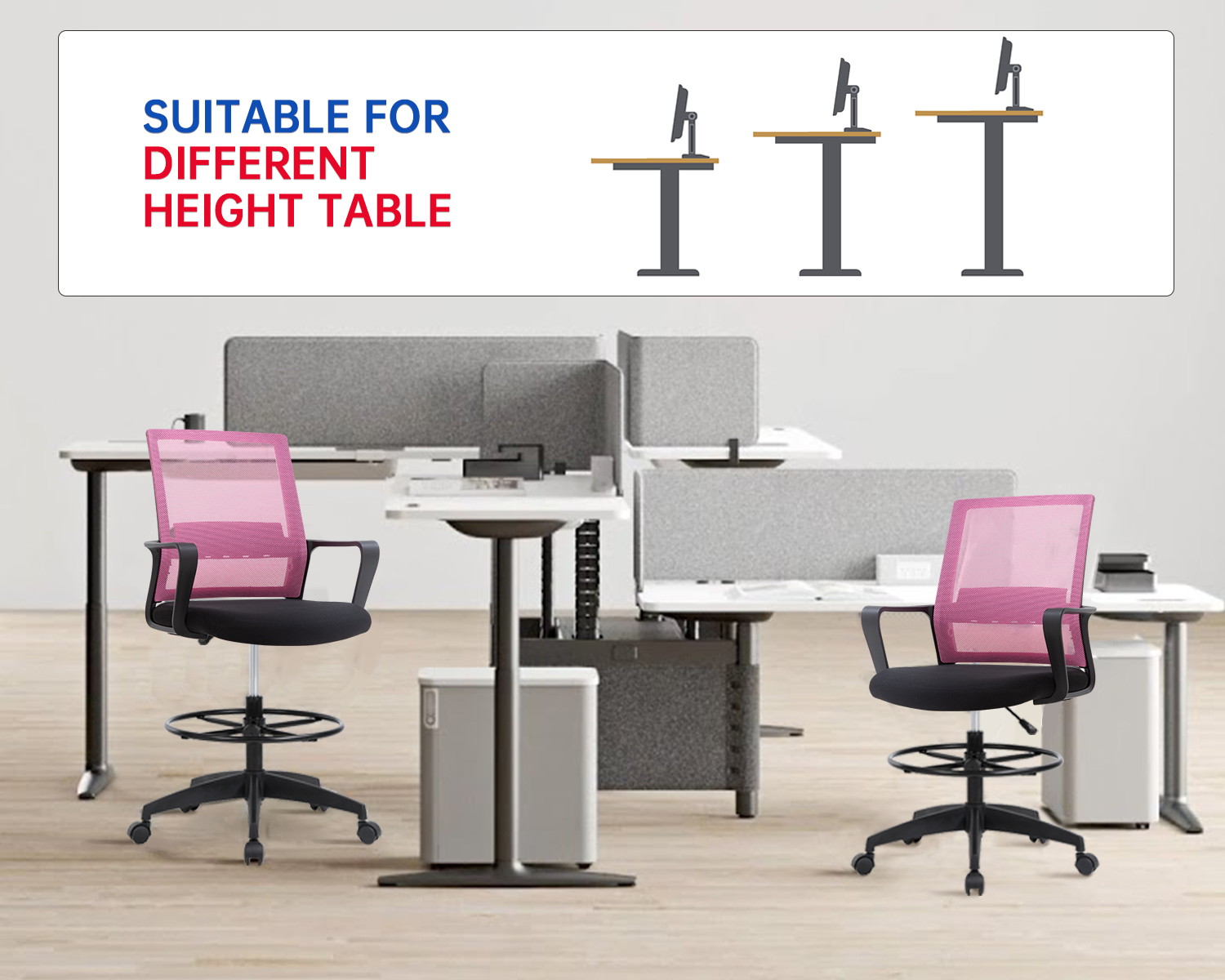 Drafting Chair Tall Office Chair Computer Chair Adjustable Height with Lumbar Support Arms Footrest Mid Back Task Desk Chair Swivel Rolling Mesh Drafting Stool for Adults Women Girls(Pink)