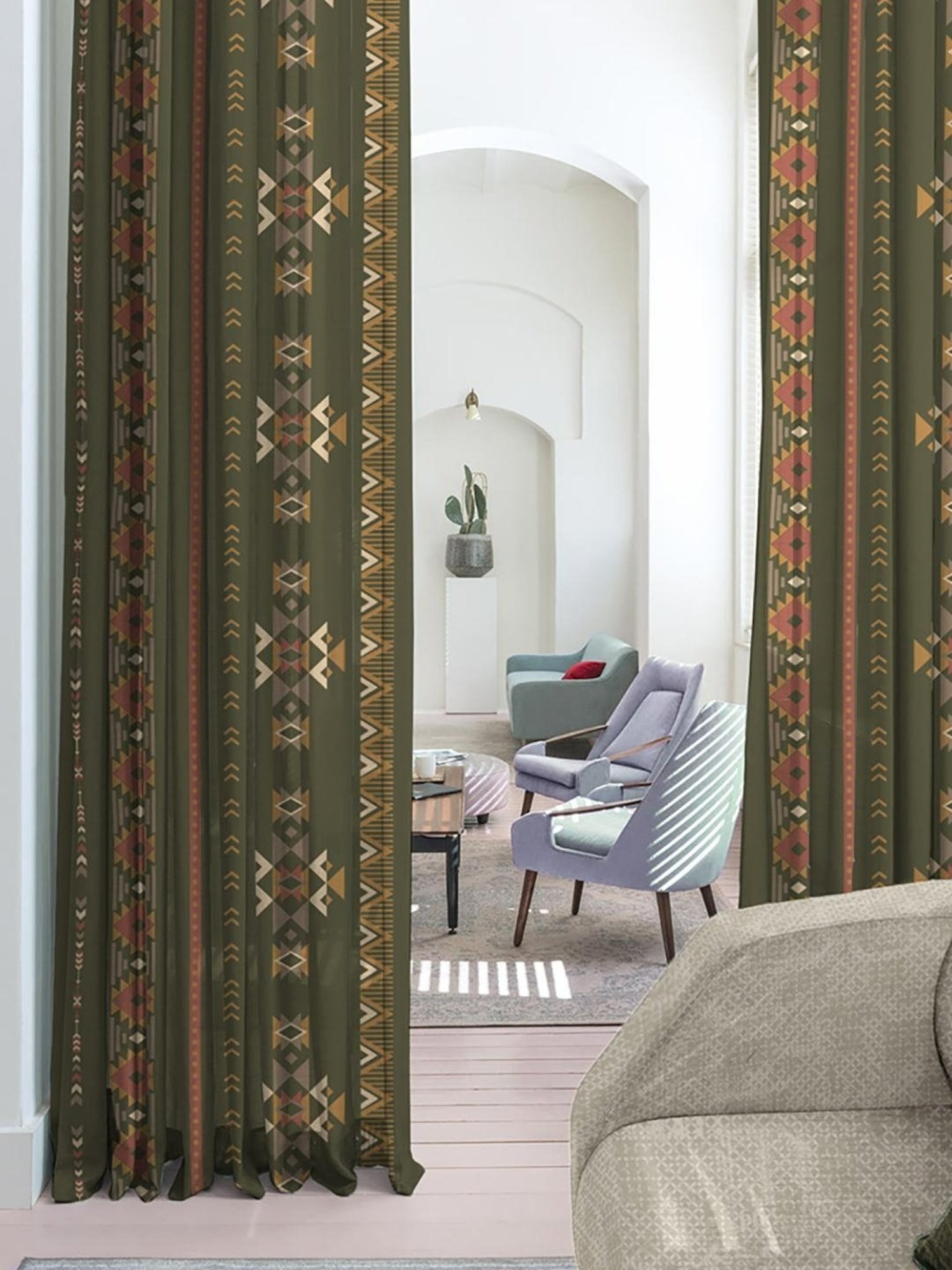 SPACES DRAPE STORY Boho Digital Print Khaki Polyester 5 ft Window Curtains - Set of 2