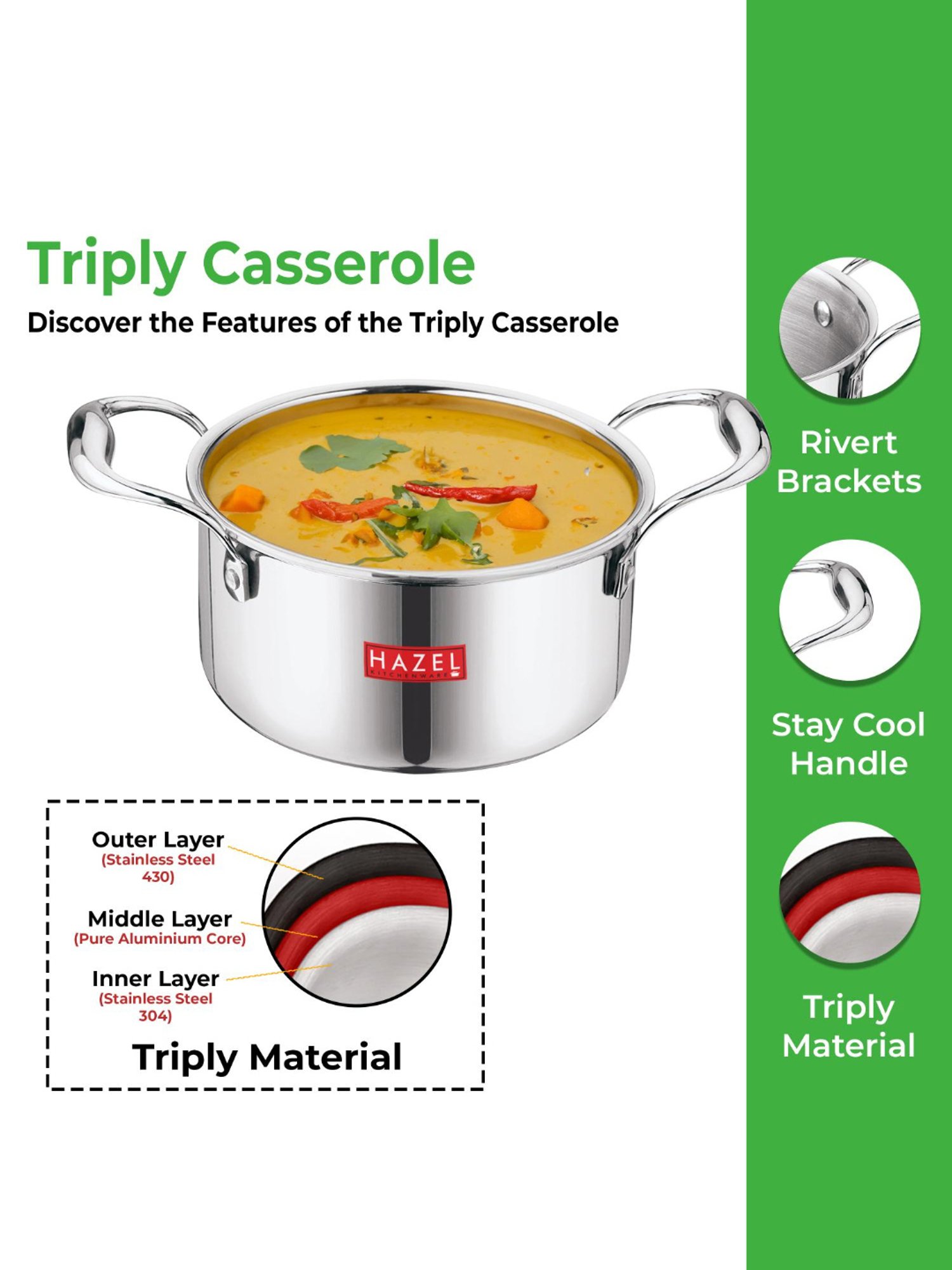 HAZEL Triply Stainless Steel Induction Bottom Tope with Handle, 4.6 Litre, 22.5 cm