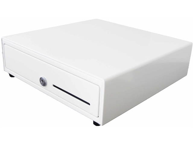APG Vasario Series Standard Duty Cash Drawer, 13&rdquo; x 13&rdquo;, Single Media Slot, Multipro 24V, Fixed 4x4 Till (US Currency), Painted Front, All-White, Requires Cable &ndash;VB320-AW1313-B27