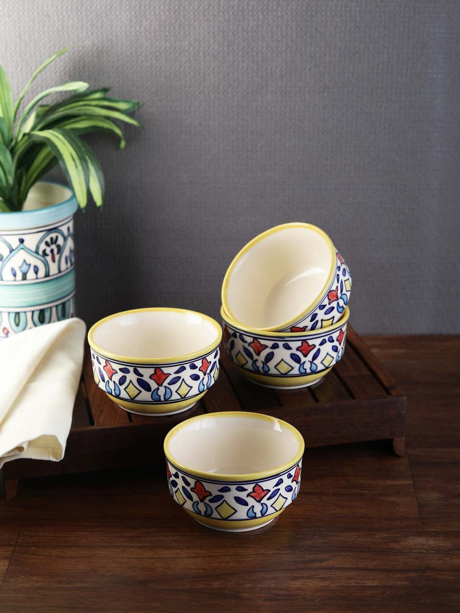 VarEesha Rangriti Yellow Ceramic Soup Bowls (250 ml) - Set of 4