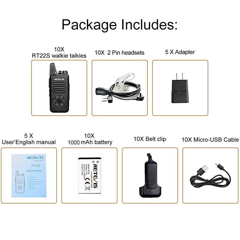 RT22S 2 Way Radios Walkie Talkies Long Range,Two Way Radios Rechargeable with Earpiece,Channel Display,Hands Free,for Healthcare,Retail,Restaurant,Automotive(10 Pack)