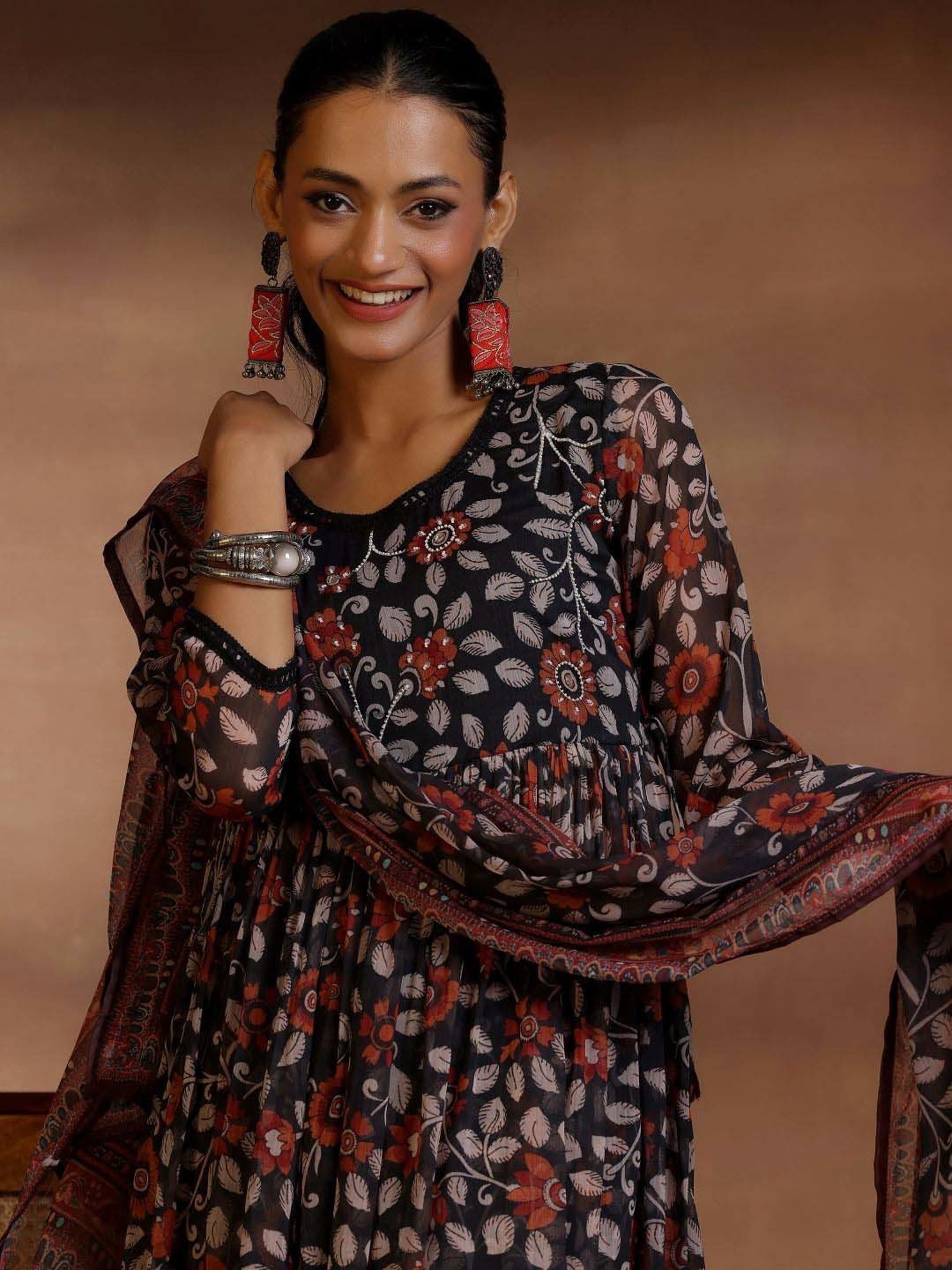 Libas Black Printed Kurta & Palazzo Set With Dupatta