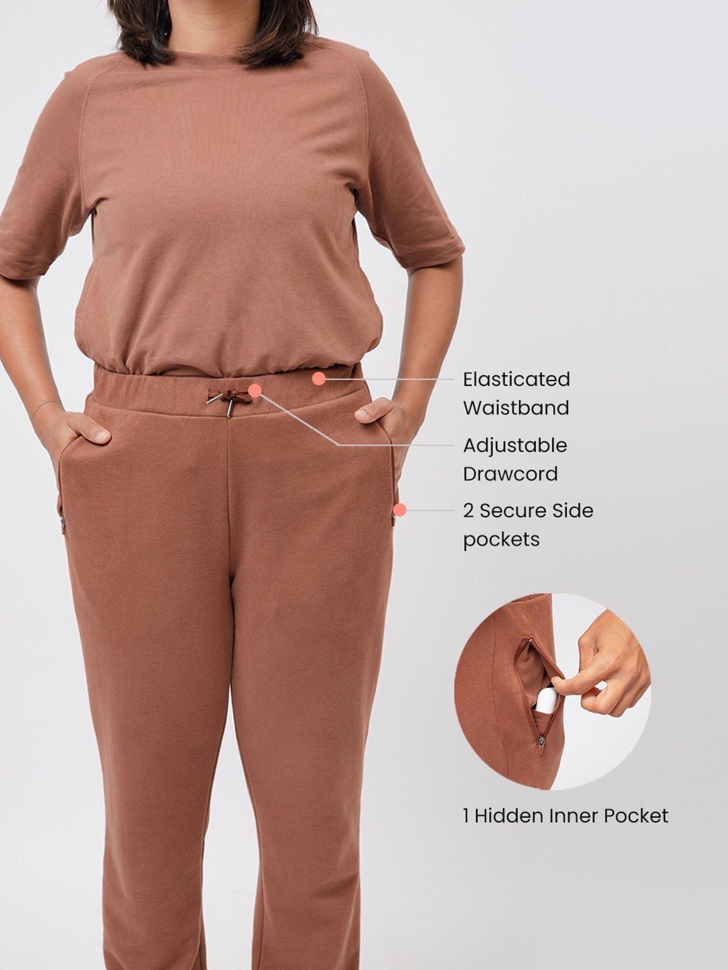 BlissClub Women Brown Everyday Cozy Straight Joggers With 2 Zippered Side Pockets