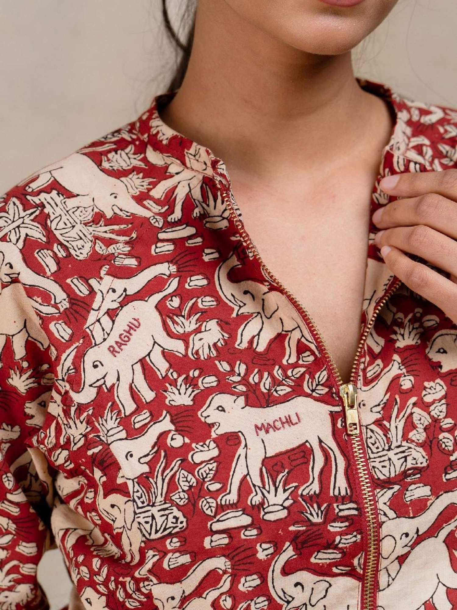 Okhai Red Animal Print Pure Cotton Casual Jacket