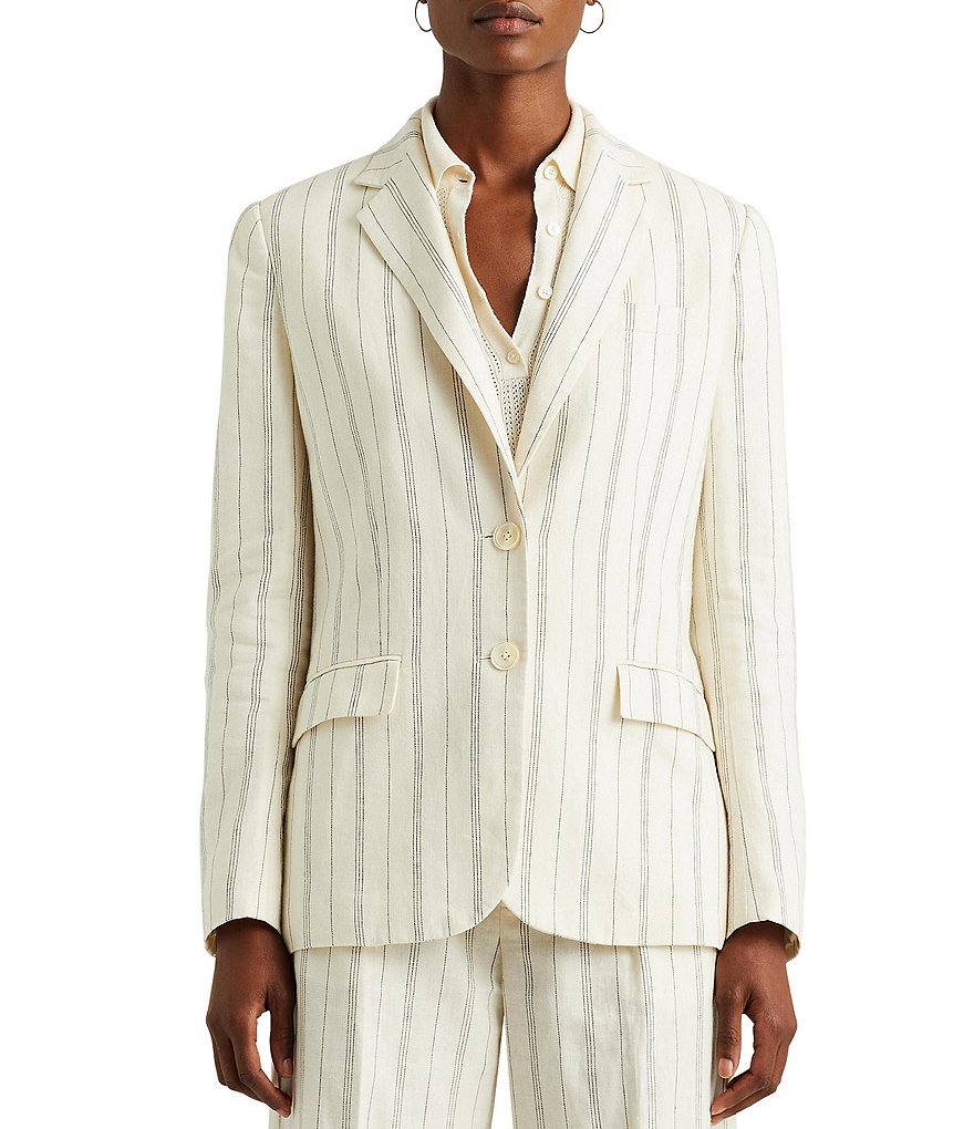 Lauren Ralph Lauren Striped Stretch Twill Notch Lapel Collar Two-Button Front Blazer